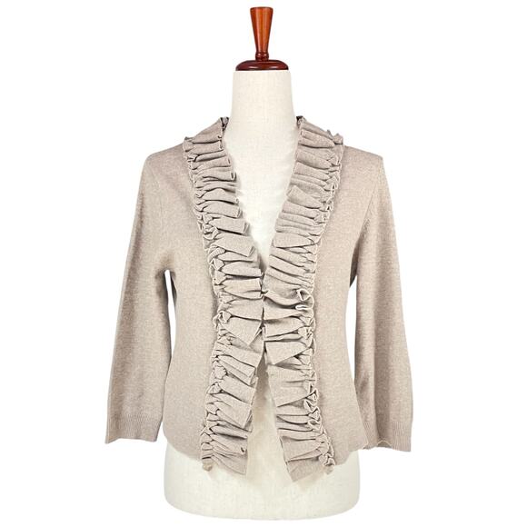 ANTHROPOLOGIE TABITHA Swift Current Ruffle-Front Tan Cardigan Size M Lambswool - Picture 1 of 9